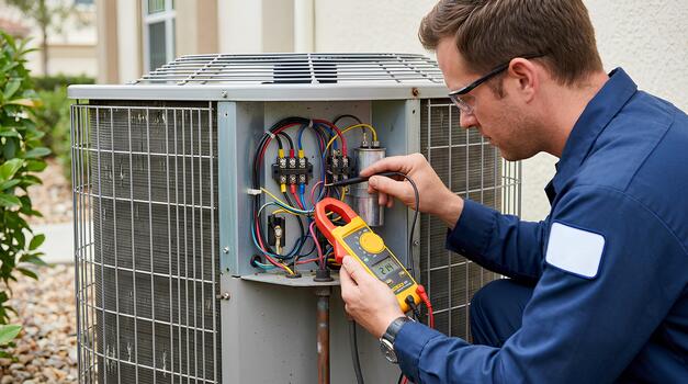 Technician performing electrical maintenance on an outdoor condenser