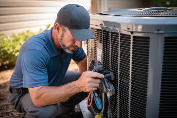 Technician servicing a residential outdoor air conditioning unit