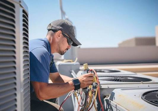 Technician diagnosing airflow and pressure on rooftop HVAC equipment